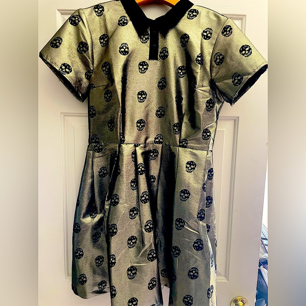 Gold metallic dress with black skulls, collar, NWT